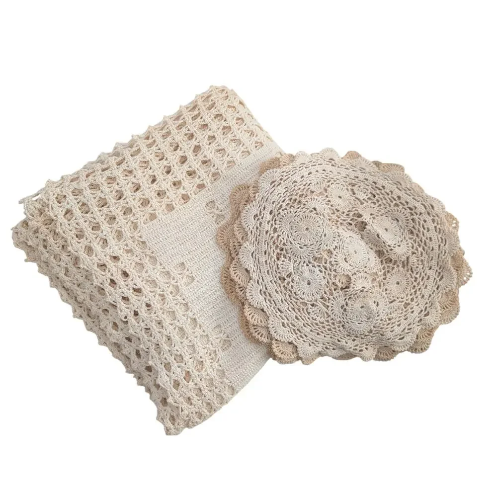VINTAGE CREAM COTTON GEOMETRIC CROCHETED SMALL TABLECLOTH, W/ BONUS: 6 DOILIES!